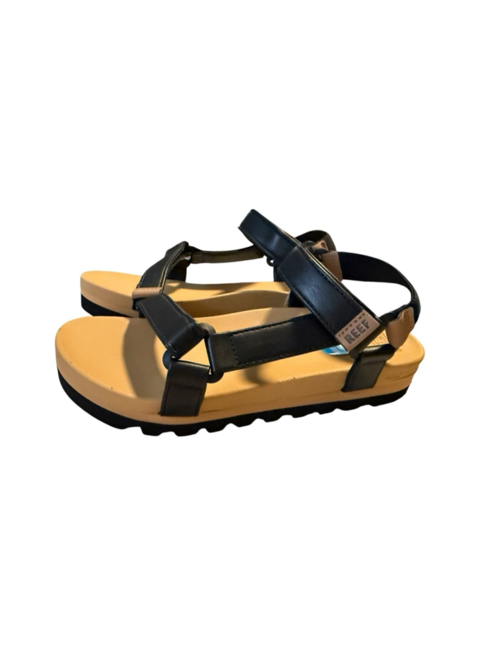 Reef Kids Rem Hi Sandals Black Tan Hook & Loop Straps Youth Size 4 NEW
